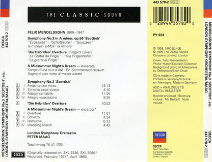 Felix Mendelssohn-Bartholdy - London Symphony Orchestra, Peter Maag : Symphony No. 3 "Scottish" / Fingal's Cave / A Midsummer Night's Dream (CD, Comp, RM)