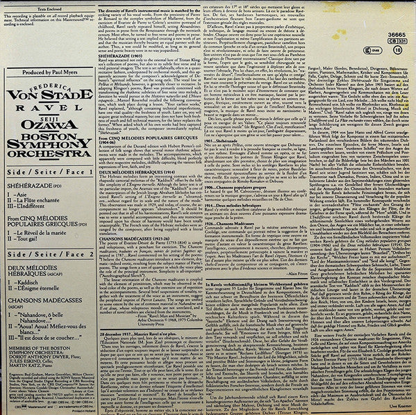 Maurice Ravel, Frederica von Stade, Seiji Ozawa, Boston Symphony Orchestra : Shéhérazade / Chansons Madécasses / Mélodies Populaires Grecques / Mélodies Hébraïques (LP, Album)