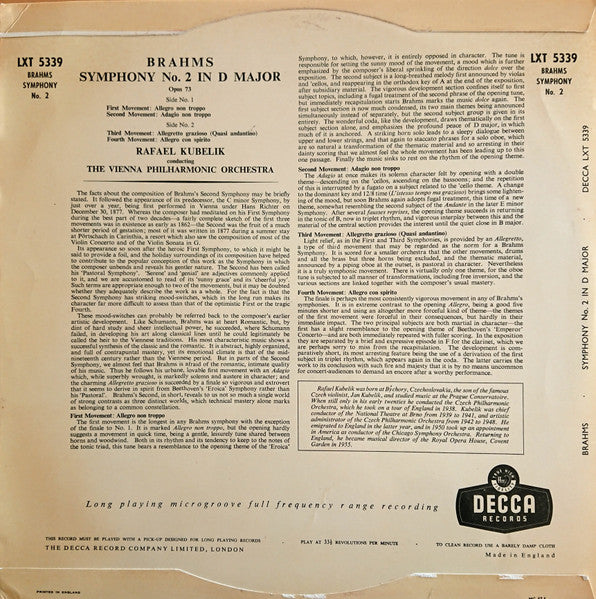 Johannes Brahms, Rafael Kubelik, Wiener Philharmoniker : Symphonie No. 2 In D Major, Opus 73 (LP, Mono)