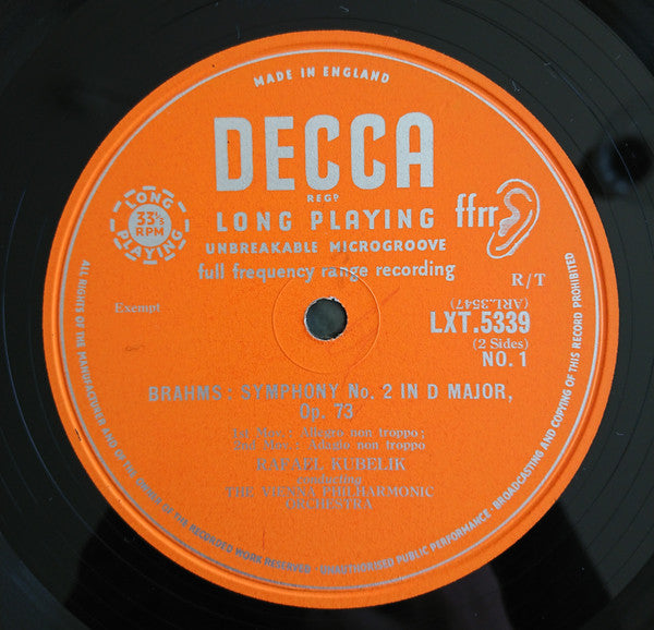 Johannes Brahms, Rafael Kubelik, Wiener Philharmoniker : Symphonie No. 2 In D Major, Opus 73 (LP, Mono)