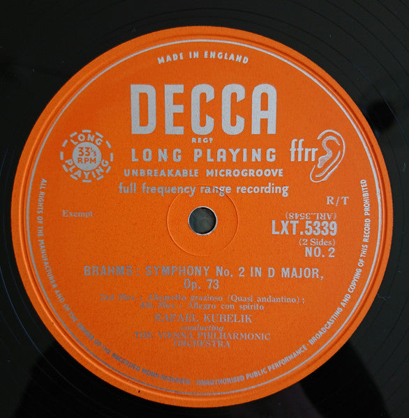 Johannes Brahms, Rafael Kubelik, Wiener Philharmoniker : Symphonie No. 2 In D Major, Opus 73 (LP, Mono)