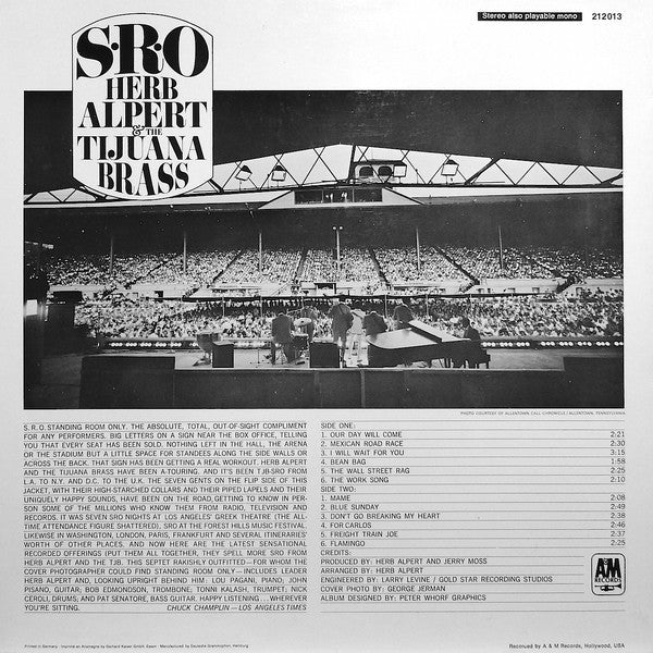 Herb Alpert & The Tijuana Brass : S.R.O. (LP, Album, RE)
