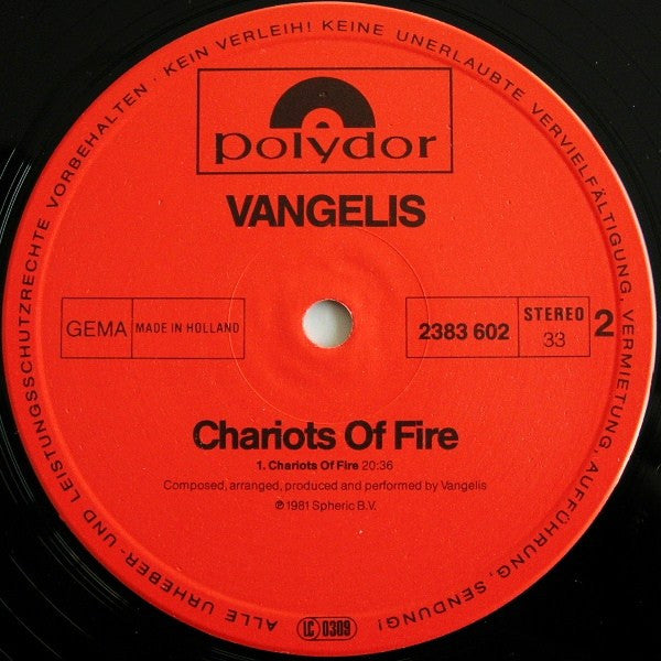 Vangelis : Chariots Of Fire (LP, Album, PRS)