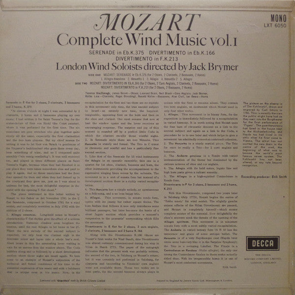 Wolfgang Amadeus Mozart, London Wind Soloists Directed By Jack Brymer : Complete Wind Music Vol. I (LP, Mono)