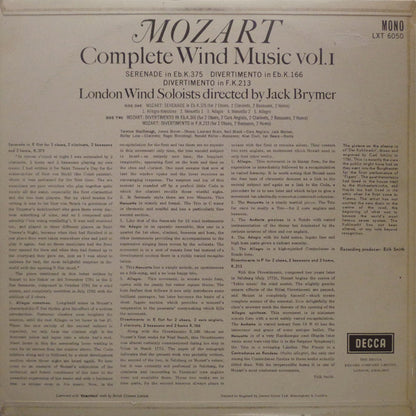 Wolfgang Amadeus Mozart, London Wind Soloists Directed By Jack Brymer : Complete Wind Music Vol. I (LP, Mono)