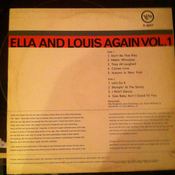 Ella Fitzgerald , &  Louis Armstrong : Ella And Louis Again Vol. 1 (LP, Album, Mono, RE)