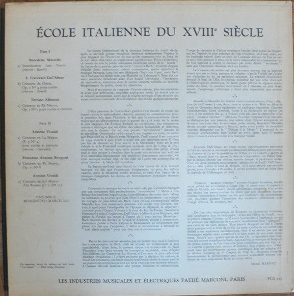 Ensemble Benedetto Marcello : École Italienne Du XVIIIe Siècle (LP)