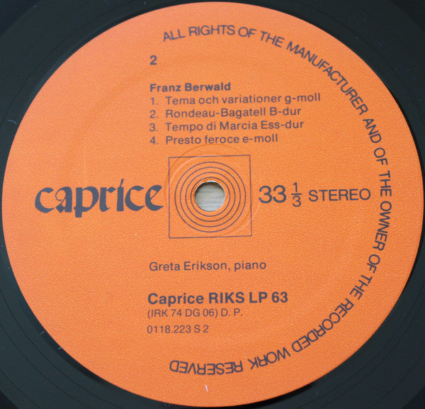 Franz Berwald - Greta Erikson : Greta Erikson Spelar Franz Berwald (LP, Album)