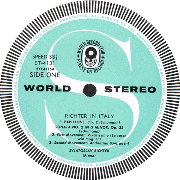 Sviatoslav Richter : Richter In Italy (LP, Album, Club)