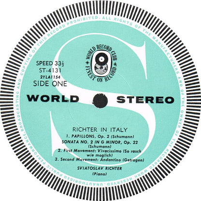 Sviatoslav Richter : Richter In Italy (LP, Album, Club)
