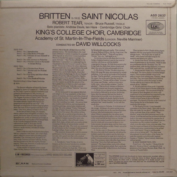 Benjamin Britten - Robert Tear, Bruce Russell (2), The King's College Choir Of Cambridge, Cambridge Girls' Choir, The Academy Of St. Martin-in-the-Fields, Sir Neville Marriner, David Willcocks : Saint Nicolas (LP, Fir)