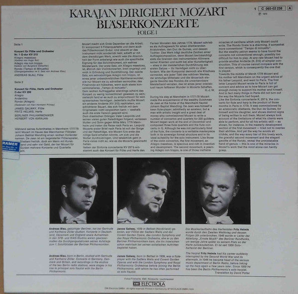 Wolfgang Amadeus Mozart - Herbert Von Karajan, Berliner Philharmoniker, Andreas Blau, James Galway, Fritz Helmis : Karajan Dirigiert Mozart - Bläserkonzerte Folge 1 (LP, Album)