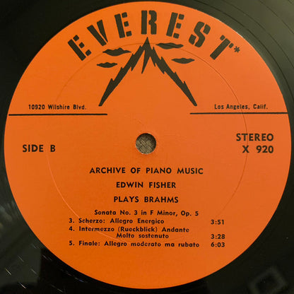 Edwin Fischer : Edwin Fisher plays Brahms Sonata No. 3 in F Minor, Op. 5 (LP)