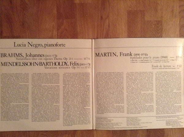 Johannes Brahms, Felix Mendelssohn-Bartholdy, Frank Martin (3), Lucia Negro : Variationen Über Ein Eigenes Thema Op. 21:1 / Variations Sérieuses Op. 54 / 8 Préludes Pour Le Piano / Étude De Lecture (LP, Album)