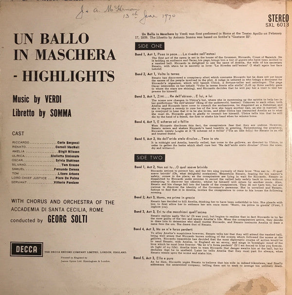 Birgit Nilsson, Carlo Bergonzi, Cornell Macneil, Giulietta Simionato, Sylvia Stahlman, Georg Solti Conducting Coro dell'Accademia Nazionale di Santa Cecilia & Orchestra dell'Accademia Nazionale di Santa Cecilia : Un Ballo In Maschera Highlights (A Masked Ball) (LP, Album)