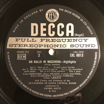 Birgit Nilsson, Carlo Bergonzi, Cornell Macneil, Giulietta Simionato, Sylvia Stahlman, Georg Solti Conducting Coro dell'Accademia Nazionale di Santa Cecilia & Orchestra dell'Accademia Nazionale di Santa Cecilia : Un Ballo In Maschera Highlights (A Masked Ball) (LP, Album)