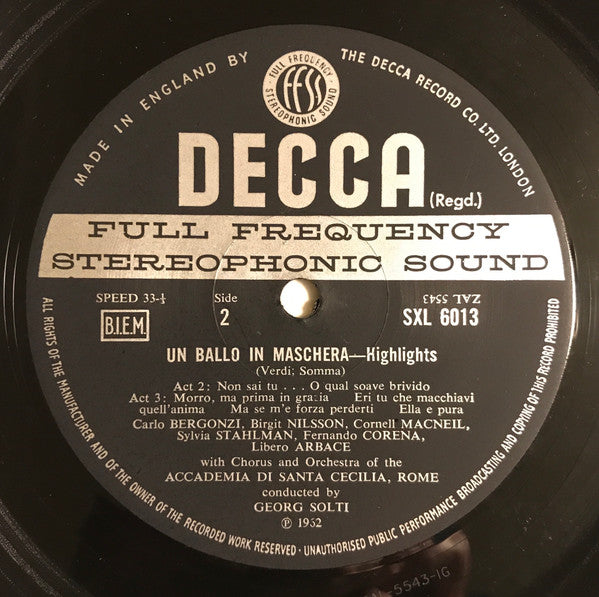 Birgit Nilsson, Carlo Bergonzi, Cornell Macneil, Giulietta Simionato, Sylvia Stahlman, Georg Solti Conducting Coro dell'Accademia Nazionale di Santa Cecilia & Orchestra dell'Accademia Nazionale di Santa Cecilia : Un Ballo In Maschera Highlights (A Masked Ball) (LP, Album)