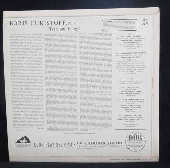 Boris Christoff : Tsars & Kings: King Philip II "Don Carlo"; Tsar Boris "Boris Godounov"; "Attila"; Agamemnon "Iphigénie En Aulide"; Khan Kontchak "Prince Igor" (LP, Album)