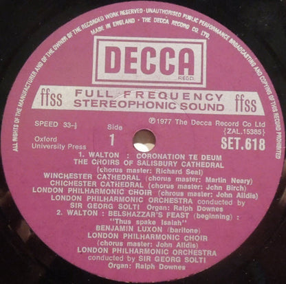 Sir William Walton, Georg Solti, Benjamin Luxon, London Philharmonic Choir And London Philharmonic Orchestra : Belshazzar's Feast / Coronation Te Deum  (LP)