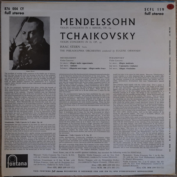 Felix Mendelssohn-Bartholdy, Pyotr Ilyich Tchaikovsky, Isaac Stern, Eugene Ormandy, The Philadelphia Orchestra :  Violin Concerto In D Major / Violin Concerto In E Minor (LP)