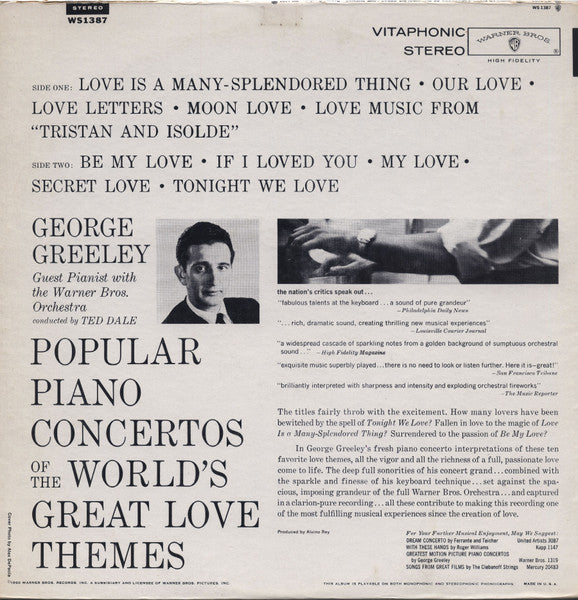 George Greeley With The Warner Brothers Orchestra : Popular Piano Concertos Of The World's Great Love Themes (LP, Album)