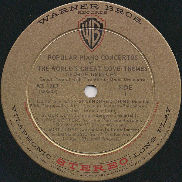 George Greeley With The Warner Brothers Orchestra : Popular Piano Concertos Of The World's Great Love Themes (LP, Album)