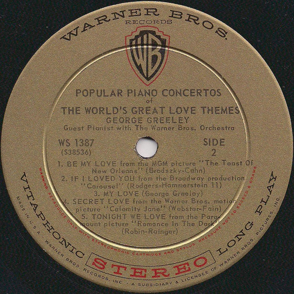 George Greeley With The Warner Brothers Orchestra : Popular Piano Concertos Of The World's Great Love Themes (LP, Album)