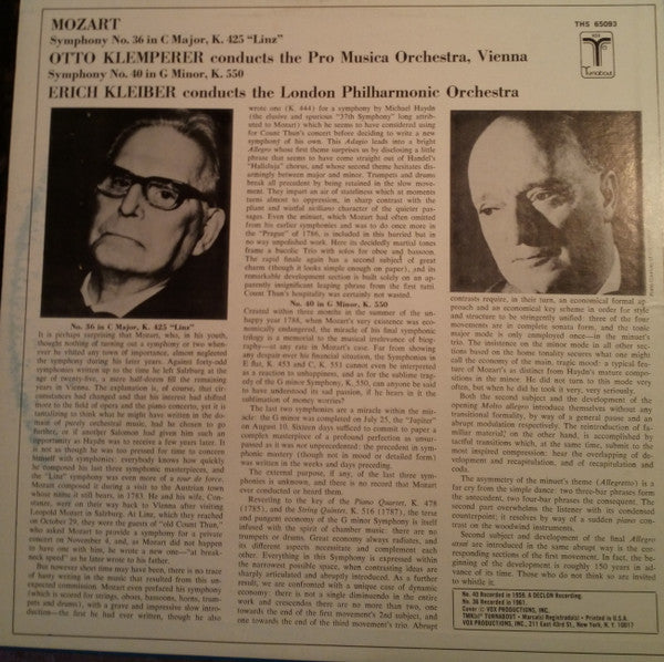 Wolfgang Amadeus Mozart, Otto Klemperer  - Erich Kleiber  - London Philharmonic Orchestra, Vienna Pro Musica Orchestra : Kleber Klemperer Conduct Mozart (Symphony No. 40 In G Major - Symphony No. 36 In C Major "Linz") (LP, Comp)