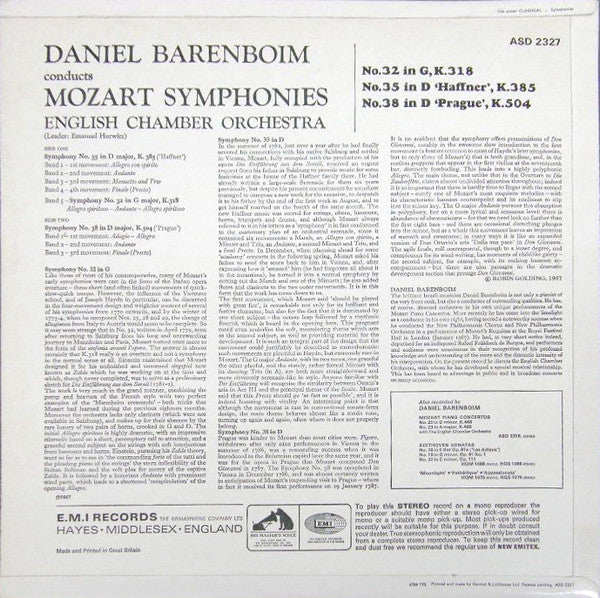 Daniel Barenboim, English Chamber Orchestra : Mozart Symphonies: No. 32 In G, K.318; No. 35 In D, 'Haffner' K.385; No. 38 In D, 'Prague' K.504 (LP)