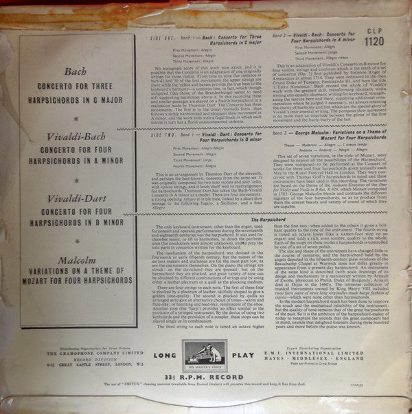 Johann Sebastian Bach • Antonio Vivaldi - George Malcolm : Music For Three And Four Harpsichords (LP, Album, Mono)