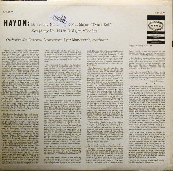 Joseph Haydn / Igor Markevitch ‧ Orchestre Des Concerts Lamoureux : Symphonie No. 103 In E Flat Major "Drum Roll"/ Symphony No. 104 In D Major "London"  (LP, Mono)