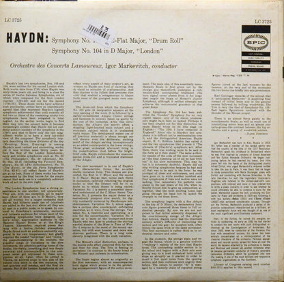 Joseph Haydn / Igor Markevitch ‧ Orchestre Des Concerts Lamoureux : Symphonie No. 103 In E Flat Major "Drum Roll"/ Symphony No. 104 In D Major "London"  (LP, Mono)