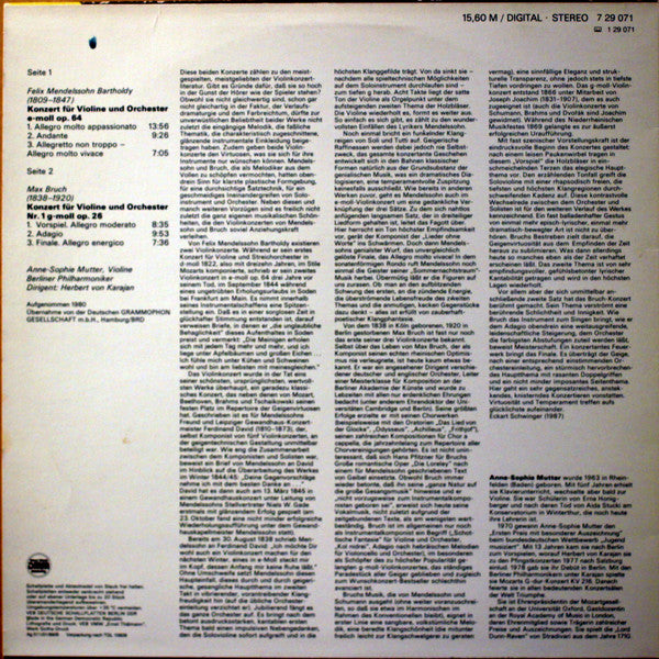 Felix Mendelssohn-Bartholdy, Max Bruch - Anne-Sophie Mutter, Berliner Philharmoniker, Herbert von Karajan : Violinkonzerte (LP, Album, RE)