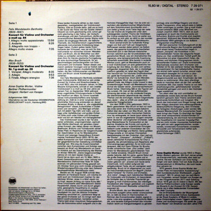 Felix Mendelssohn-Bartholdy, Max Bruch - Anne-Sophie Mutter, Berliner Philharmoniker, Herbert von Karajan : Violinkonzerte (LP, Album, RE)