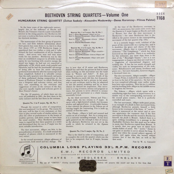 The Hungarian Quartet, Ludwig van Beethoven : String Quartets Volume One (N.° 1 In F Major, Op. 18, N.°1 ✶ N.° 2 In G Major, Op. 18, N.°2) (LP, Mono, RE)