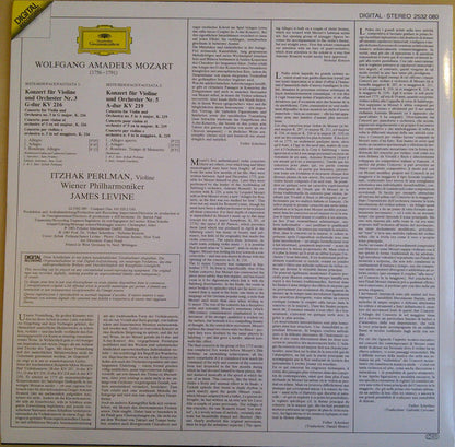 Wolfgang Amadeus Mozart • Wiener Philharmoniker • Itzhak Perlman • James Levine (2) : Violinkonzerte = Violin Concertos Nos. 3 & 5 (LP)