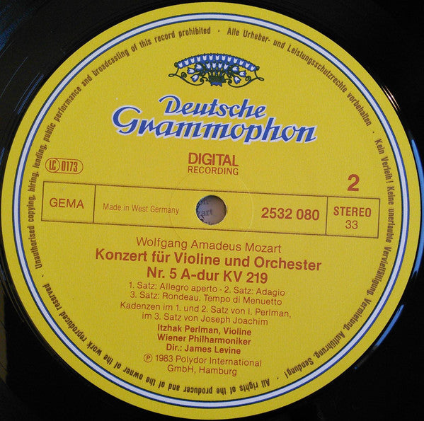 Wolfgang Amadeus Mozart • Wiener Philharmoniker • Itzhak Perlman • James Levine (2) : Violinkonzerte = Violin Concertos Nos. 3 & 5 (LP)
