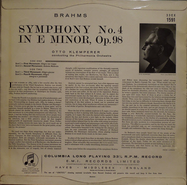 Johannes Brahms • Otto Klemperer • Philharmonia Orchestra : Symphony No.4 In E Minor (LP, Mono)