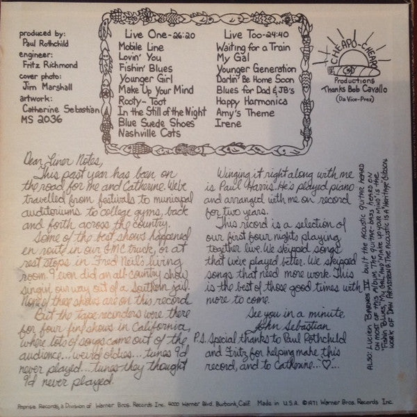 John Sebastian : Cheapo-Cheapo Productions Presents Real Live (LP, Album, Promo)