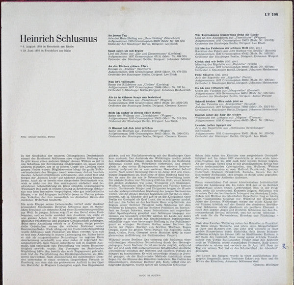 Heinrich Schlusnus : Lebendige Vergangenheit  Heinrich Schlusnus (LP, Comp, Mono, RE)