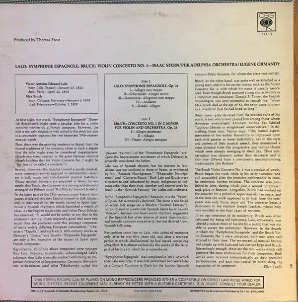 Max Bruch / Édouard Lalo, The Philadelphia Orchestra Conducted By Eugene Ormandy, Isaac Stern : Violin Konzert Nr. 1 G-Moll, Op. 26 / Symphonie Espagnole, Op. 21,  (LP, Album)