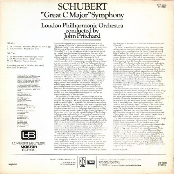 Franz Schubert - The London Philharmonic Orchestra Conducted By John Pritchard : "Great C Major" Symphony (LP)