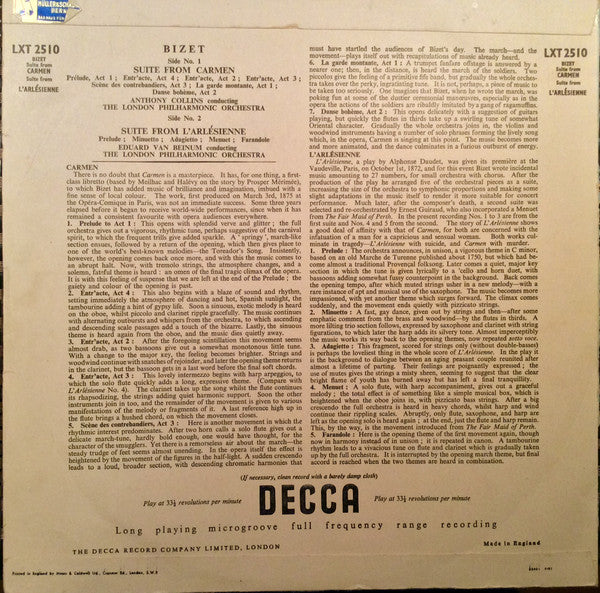 Georges Bizet - Anthony Collins (2) / Eduard van Beinum, The London Philharmonic Orchestra : Suite From Carmen And L'Arlésienne (LP, Mono)