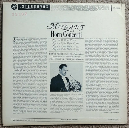 Wolfgang Amadeus Mozart, Ernst Mühlbacher, Wiener Volksopernorchester, Franz Bauer-Theussl : Horn Concerti (LP, Album)