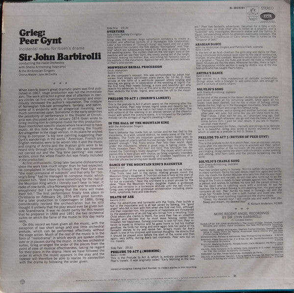 Edvard Grieg, Sir John Barbirolli Conducting The Hallé Orchestra With Sheila Armstrong & The Ambrosian Singers : Peer Gynt (LP, Album, RP)