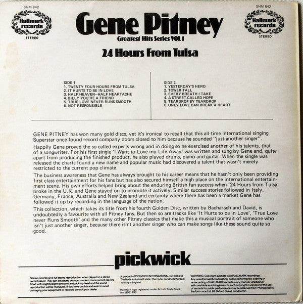 Gene Pitney : 24 Hours From Tulsa (Greatest Hits Series Vol.1) (LP, Comp, Blu)