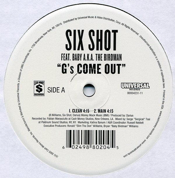 6 Shot Feat. Baby (2) A.K.A. Birdman (2) : G's Come Out (12")