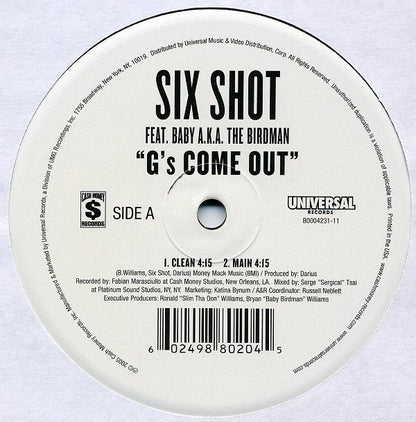 6 Shot Feat. Baby (2) A.K.A. Birdman (2) : G's Come Out (12")