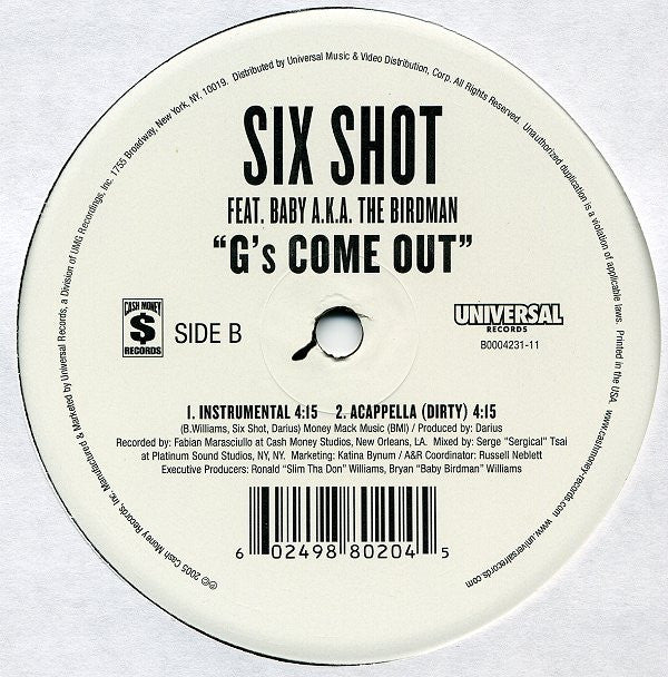 6 Shot Feat. Baby (2) A.K.A. Birdman (2) : G's Come Out (12")