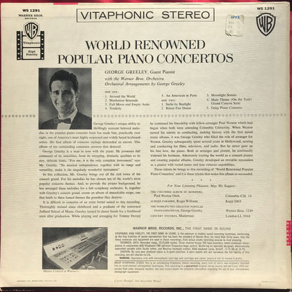 George Greeley With The Warner Bros. Studio Orchestra : World Renowned Popular Piano Concertos (LP)